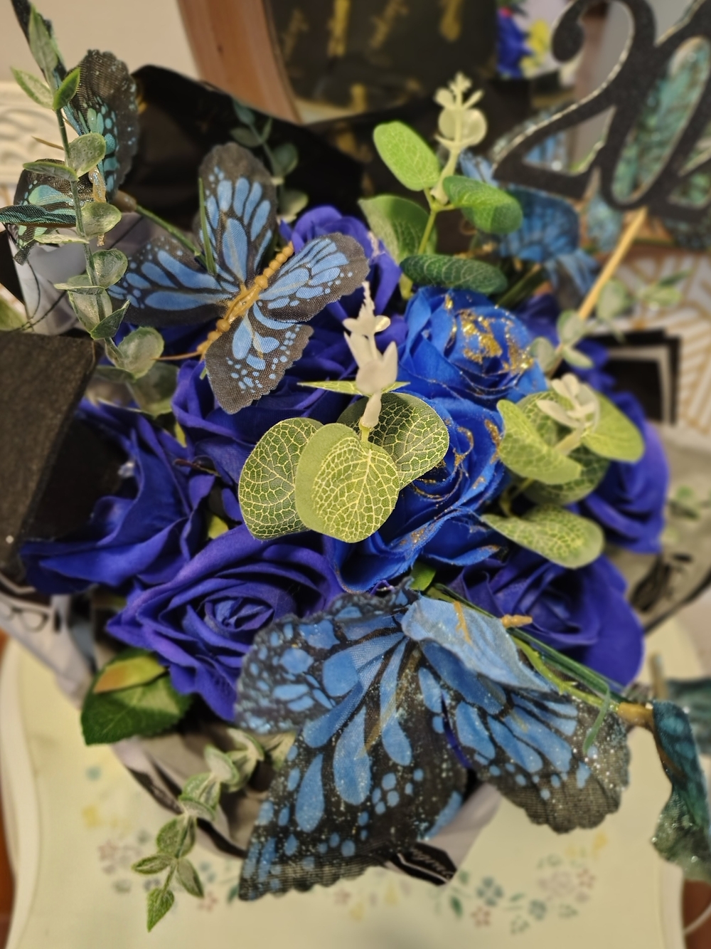 Blue Butterfly Rose Bouquet Artificial Floral Arrangement -